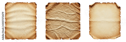 Fotografi Old vintage parchment paper sheets collection isolated on white background, set of antique weathered scroll textures with burnt edges for historical document design as shown in image_94cf1f