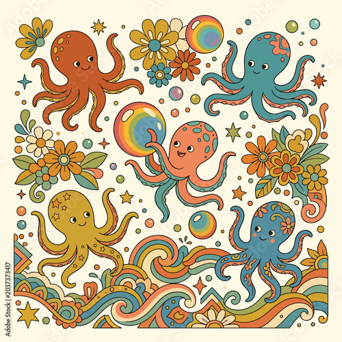 Whimsical Vector Pattern with Cute Octopus and Floral Elements in Retro Style with Bright Color Palette