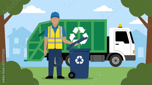 Konstfotografi A dedicated sanitation worker wearing a bright yellow safety vest opening a blue