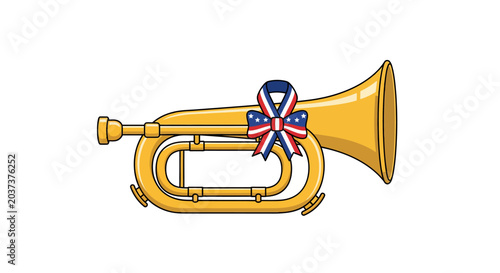 Illustration of a golden bugle with a red, white, and blue ribbon bow, symbolizing patriotism and music