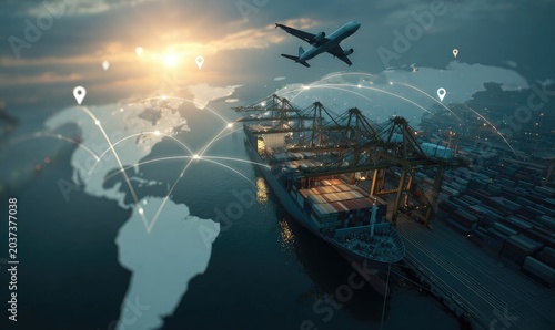 Global logistics network connecting air, sea, and land with worldwide reach