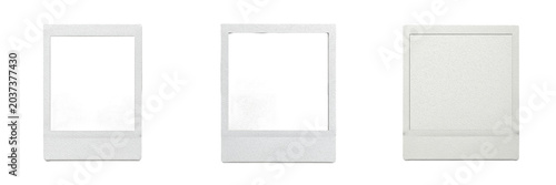 Empty vintage polaroid photo frames set isolated on white background, classic instant film borders for photography display, blank square paper card templates for memories, realistic mockup collection 