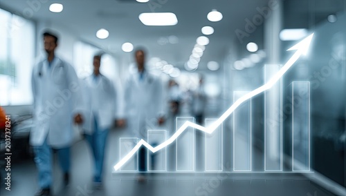 Medical professionals walking down a hallway with a rising graph overlay