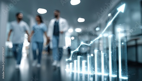 Blurred medical staff walk down hallway with glowing upward trending graph