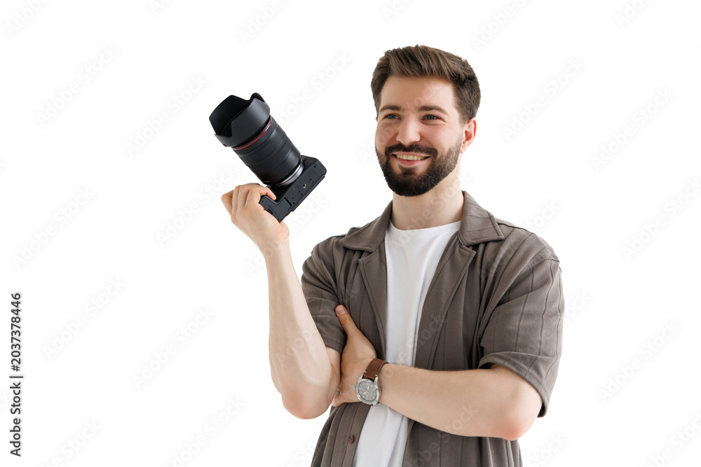 Φωτογραφία Young bearded photographer with camera isolated on white background