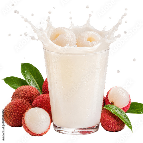 Fresh lychee juice splashing into a glass with ice cubes and fruits