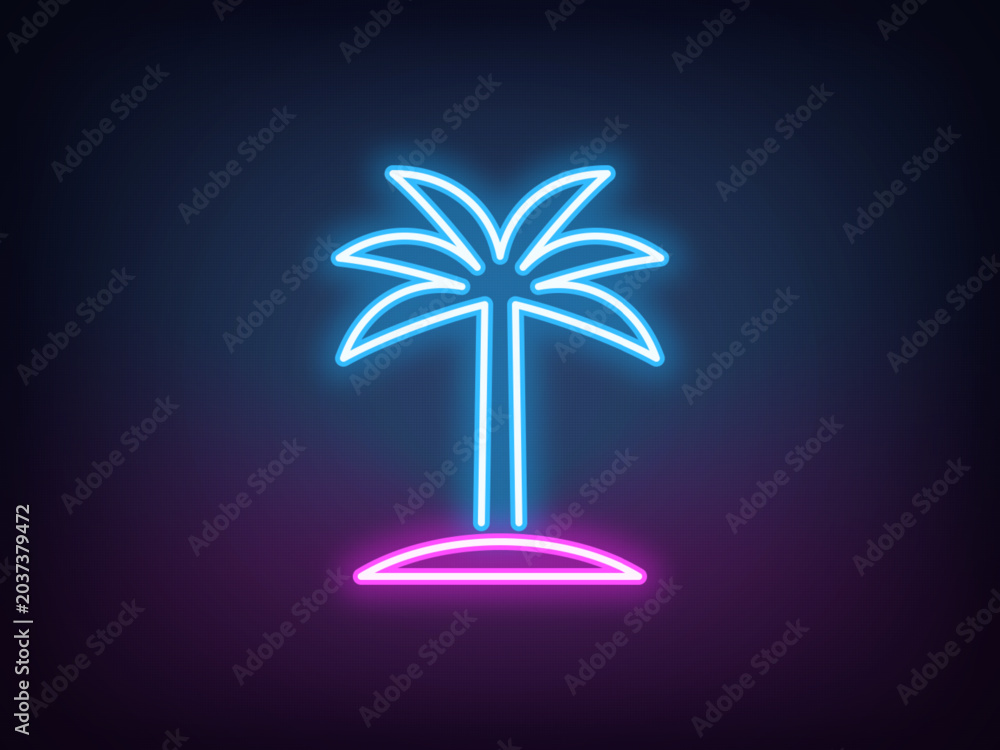 Obraz premium Outline neon palm tree, blue magenta. Neon coconut palm tree, tropical oasis. Exotic palm island and tropical paradise, summer holiday in Hawaii, California beach, vacation in Miami. Vector