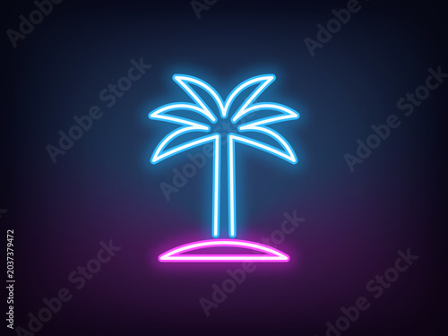 Outline neon palm tree, blue magenta. Neon coconut palm tree, tropical oasis. Exotic palm island and tropical paradise, summer holiday in Hawaii, California beach, vacation in Miami. Vector