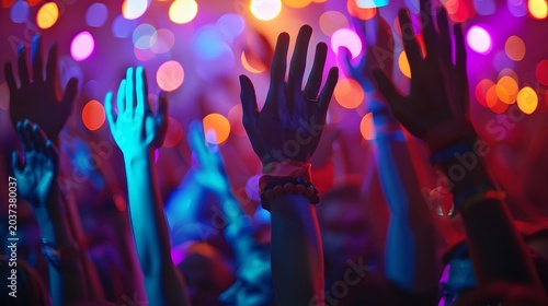 Dancing hands, expressive hands dancing in party crowd, blurred bodies, vibrant lights, motion energy, no faces visible, focus on movement and mood, cinematic lighting