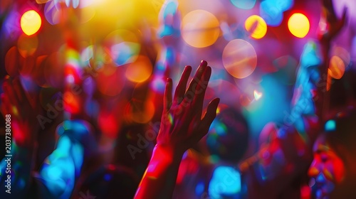 Dancing hands, expressive hands dancing in party crowd, blurred bodies, vibrant lights, motion energy, no faces visible, focus on movement and mood, cinematic lighting