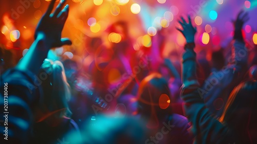 Dancing hands, expressive hands dancing in party crowd, blurred bodies, vibrant lights, motion energy, no faces visible, focus on movement and mood, cinematic lighting