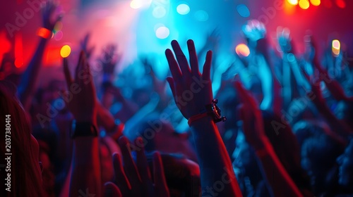 Dancing hands, expressive hands dancing in party crowd, blurred bodies, vibrant lights, motion energy, no faces visible, focus on movement and mood, cinematic lighting