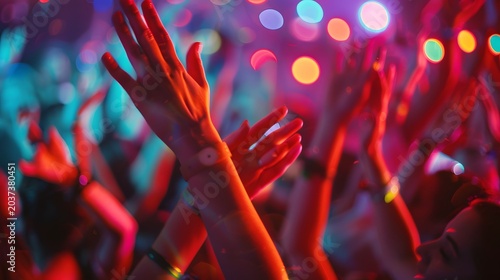Dancing hands, expressive hands dancing in party crowd, blurred bodies, vibrant lights, motion energy, no faces visible, focus on movement and mood, cinematic lighting