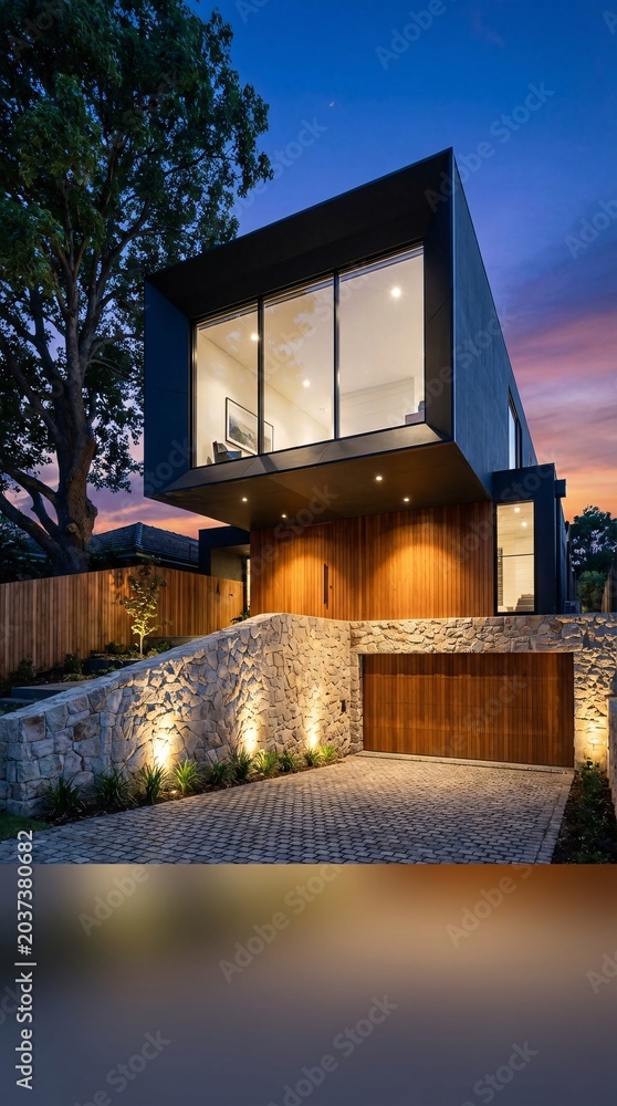 Fototapeta premium Modern Architectural Marvel - Contemporary Home with Stunning Design and Evening Ambiance.
