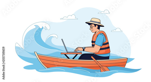 Remote Worker Navigates Rough Seas on Laptop