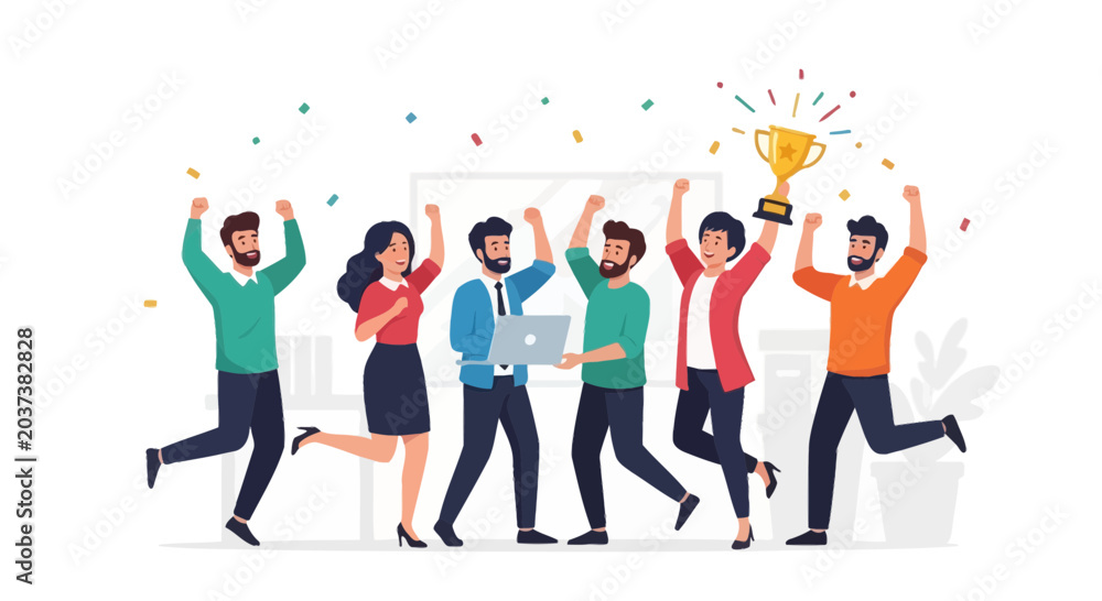 Obraz premium Team Celebrating Success with Trophy and Confetti