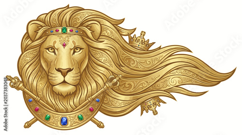 Schilderij op canvas An ancient golden lion head statue and antique bronze door knocker ornament isol