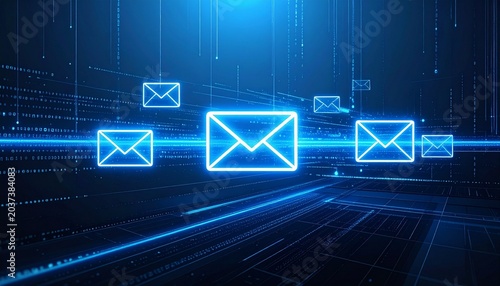 Glowing envelopes drift through cyber void, binary streams cascade, luminous trails pulse with speed, digital messaging transforms into futuristic dreamscape of connection, exchange, and clarity.