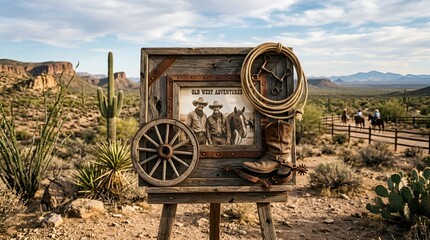 Old West Cowboy Adventure Display with Desert Landscape and Horses
