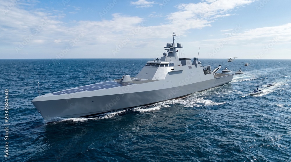 Obraz premium A modern grey stealth warship sailing on the open blue sea with a clear sky, accompanied by smaller boats.