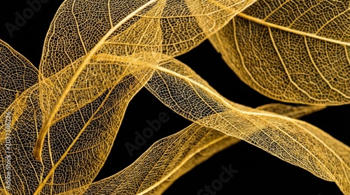 Delicate golden leaf skeletons against a stark black background, intricate details.
