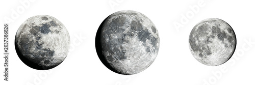Detailed views of lunar phases and moon surface craters isolated on white background, astronomical celestial bodies for space exploration design and planetary science projects, high resolution cosmic