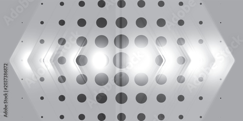 A modern abstract graphic design with a futuristic feel in grayscale (monochrome). Over the dotted pattern is a transparent, layered layer of arrows or chevrons.
