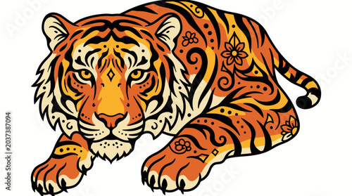 Photography Siberian tiger head vector illustration with black stripes, a dangerous wild fel