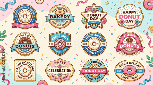 Colorful donut stickers for national donut day celebrations with sprinkles and ribbons