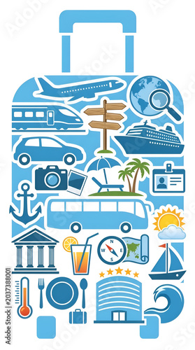 A vibrant illustration of a suitcase filled with travel-related icons, depicting various modes of transportation, destinations, and leisure activities