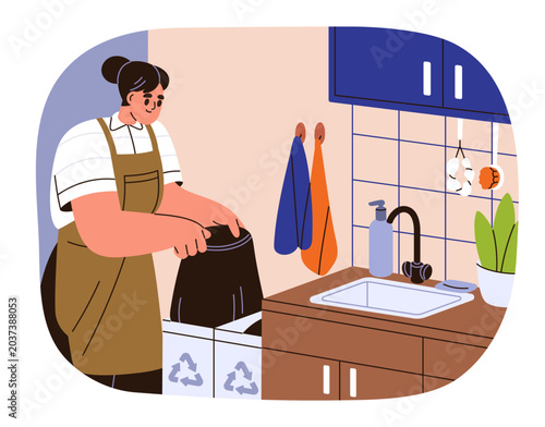 Woman cleaner removing garbage bag from recycling bin in kitchen. Waste, rubb...