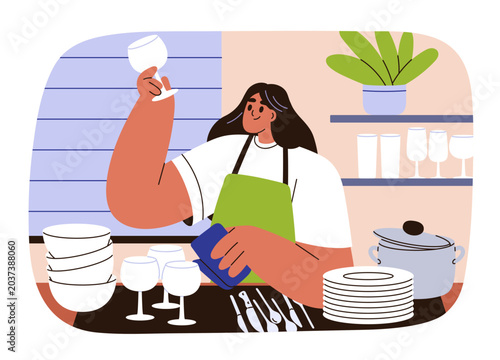 Woman wiping and polishing wine glass, checking clean goblet after washing di...