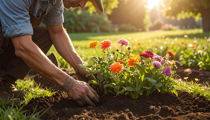 Gardener planting colorful flowers in a sunny garden, soil and plants in close-up, organic gardening, spring season