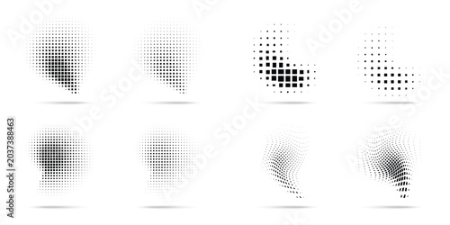 Set of halftone dots curved gradient pattern texture isolated on white background. Curve dotted spots using halftone square dot raster texture collection. Vector blot half tone collection.