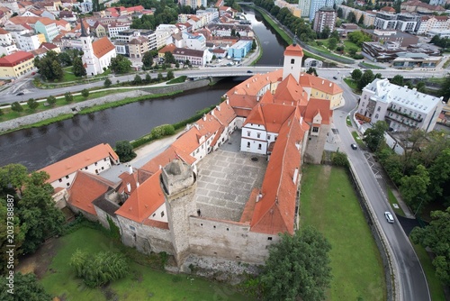 Strakonice castle and surrounding town in Bohemia captured from aerial panorama Czech republic