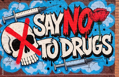 Say No to Drugs Graffiti Mural With Skull, Syringes and Poppy Anti-Drug Street Art