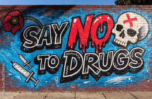 Say No to Drugs Graffiti Mural With Skull, Syringes and Poppy Anti-Drug Street Art