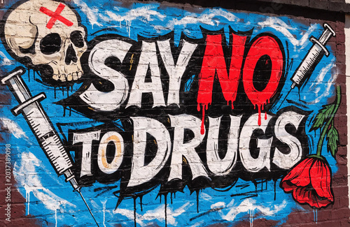 Say No to Drugs Graffiti Mural With Skull, Syringes and Poppy Anti-Drug Street Art