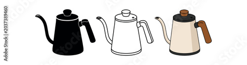 Gooseneck kettle icon set. pour-over kettle, coffee brewing, barista kettle, gooseneck spout. line, flat and colored vector icon set.