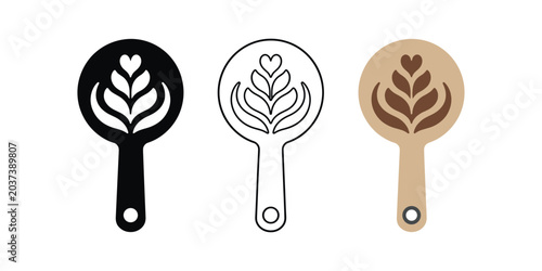 Latte art paddle icon set. coffee, latte, espresso, barista, milk foam, cappuccino. line, flat and colored vector icon set.