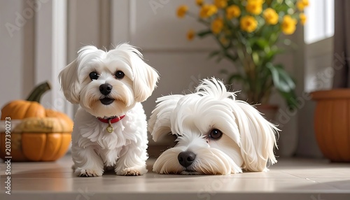 Two small white dogs sitting indoors.