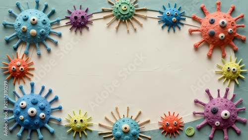 Colorful plasticine models of virus microbes are arranged on a plain background. The display includes various shapes showing bacillus and coronavirus forms Generative AI