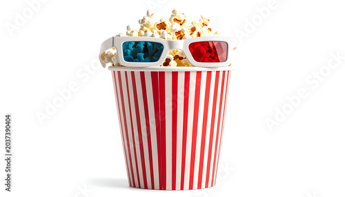 Full bucket of popcorn with red and white stripes, wearing 3D glasses, isolated on white background, cinema food