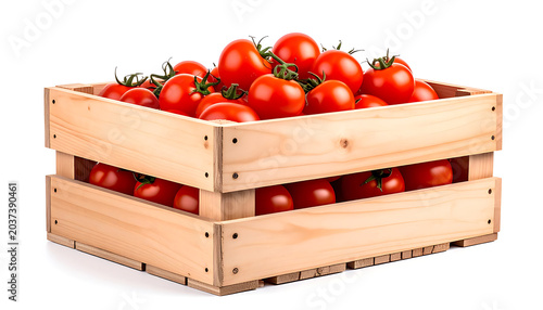 Full wooden crate brimming with fresh ripe red tomatoes, organic produce, healthy food, harvest