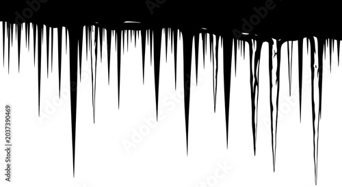 Schilderij op canvas Black paint drips down on white background creating abstract streaks and texture