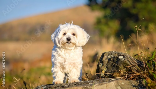 Small white dog on a rock.