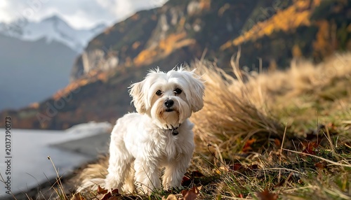 Small white dog on mountain trail.