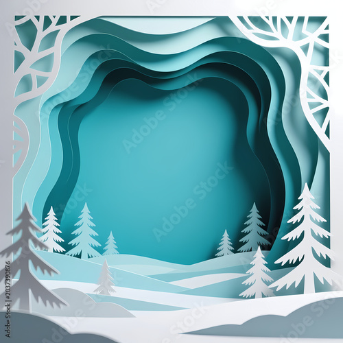 Winter trees are placed against a blue background that shows layered paper designs. The scene captures the essence of Christmas and New Year Generative AI