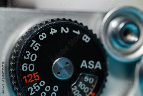 Photos Close-up of vintage camera ASA and shutter speed numbers dial