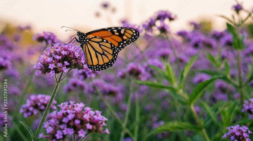 Obraz premium Monarch Butterfly Perched on Purple Flowers in a Serene Garden Setting.